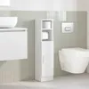 A modern bathroom setting with a toilet, vanity, and a tall storage cabinet. Produktbild-Vorschau