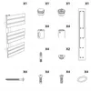 An assembly diagram showing the parts of a towel warmer and how they fit together. Produktbild-Vorschau