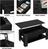 Collage showing different features and angles of a black coffee table, including close-ups of its material, storage, and lift-top mechanism. Produktbild-Vorschau