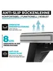 A close-up marketing image of a product's backrest, highlighting its features with text overlays and graphics. Produktbild-Vorschau