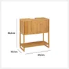 A product shot of a bamboo vanity unit with dimensions indicated. Produktbild-Vorschau