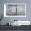 A bathroom scene featuring a lighted mirror above a sink, with a decorative overlay highlighting product features. Produktbild-Vorschau