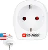 A white travel adapter is shown against a white background. A smaller inset image shows the adapter with an American flag icon. Produktbild-Vorschau