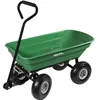 A green garden cart with black handle and wheels, isolated on a white background.