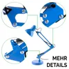 A blue desk lamp with close-up views of its joints and spring mechanism, along with marketing text. Náhľad obrázku produktu