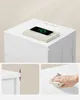 A white bedside table with a smartphone charging on top, and close-up views of its dimensions and cleaning. Náhled obrázku produktu