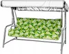 A garden swing with a green and white leaf-patterned cushion and a silver canopy, presented against a white background. Produktbild-Vorschau
