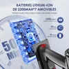 Close-up of a vacuum cleaner battery pack with information overlays about its specifications. Voir les images du produit