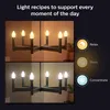 A split image showing a chandelier with Philips Hue LED candles. The top half shows warm, yellow light, and the bottom half shows cooler, white light. On the right, there are three circular icons with text labels: 'Relax', 'Read', and 'Concentrate'. Produktbild-Vorschau