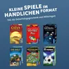 A collage of six small board game boxes arranged in two rows of three, set against a blue background with promotional text at the top. Produktbild-Vorschau