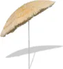 A beach umbrella with a straw-like texture and yellow accents, standing upright on a white background with a shadow. Náhľad obrázku produktu