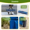 Collage showing accessories for a blue pop-up pavilion, including a carrying bag, stakes, and sandbags. Produktbild-Vorschau