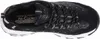 A top-down view of a black Skechers sneaker with decorative studs and white soles. Voir les images du produit