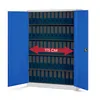An open blue metal cabinet filled with gray file folders, with a red overlay indicating dimensions. Voir les images du produit