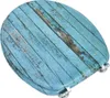 A toilet seat with a distressed blue wood plank design. Náhľad obrázku produktu