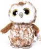 A plush owl toy with large, glittery eyes and brown and white patterned fur, standing on a white background. Náhled obrázku produktu