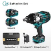 A product shot of a cordless impact wrench kit, including the tool, batteries, charger, and case, with text labels. Produktbild-Vorschau
