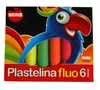 The image shows the packaging for a set of 6 fluorescent modeling clay sticks, featuring a cartoon parrot illustration. Podgląd zdjęcia produktu