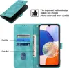 A teal leather flip wallet phone case is shown open, displaying card slots and a phone inside. Text describes the product's features. Produktbild-Vorschau