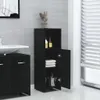 A black bathroom cabinet with its doors open, showing shelves with towels and bottles, next to a sink. Náhled obrázku produktu