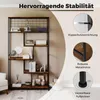 A tall, multi-shelf bookcase with a metal frame and wooden shelves, decorated with books and decorative items. The image also includes callouts highlighting product features. Podgląd zdjęcia produktu