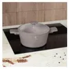 A gray pot with a glass lid sits on a black induction stovetop, with a wooden backsplash and a speckled countertop in the background. Dried flowers and peppercorns are scattered on the countertop. Náhled obrázku produktu
