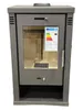A gray wood-burning stove with a glass door and an energy efficiency label attached. Náhled obrázku produktu