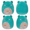 A collage of four images showing a teal frog plush toy from different angles. Produktbild-Vorschau