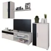 A collage of modern white and black furniture pieces, including a tall cabinet, a shelf with decorative items, a television stand with a TV, and a smaller cabinet with plants on top. Náhled obrázku produktu