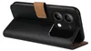 A black flip-style phone case with a brown accent strap is shown from the side, propped open to reveal the phone's camera module. Produktbild-Vorschau