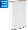 A white air purifier with a wood-grain accent on top, set against a white background. A blue overlay in the top-left corner highlights a feature. Produktbild-Vorschau
