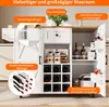 A white kitchen island with a wooden top, featuring various storage compartments and labeled features. Produktbild-Vorschau