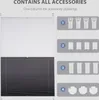 A split image showing two pleated blinds, one white and one gray, next to a column of accessory drawings. Produktbild-Vorschau