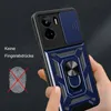 A hand holding a blue smartphone case with a ring holder and camera cover. Produktbild-Vorschau