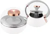 Close-up views of a white electric kettle with copper accents, highlighting the lid knob and handle attachment. Produktbild-Vorschau