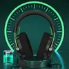A gaming headset is displayed on a stand with a glowing green circular graphic behind it, and a battery icon to the left. Produktbild-Vorschau