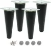 Four black furniture legs with silver mounting plates and screws and felt pads on a white background. Produktbild-Vorschau