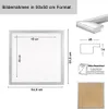 Diagrams and text illustrating the dimensions and features of a picture frame. Produktbild-Vorschau
