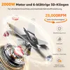 Close-up of blender blades and motor with water splashes and fruit pieces, surrounded by marketing text and icons. Produktbild-Vorschau