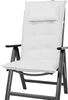 A white padded chair cushion with a headrest, attached to a gray folding chair frame. Produktbild-Vorschau