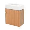 A minimalist bathroom vanity with a white sink and a wooden cabinet. Produktbild-Vorschau