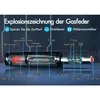 An exploded diagram of a gas spring with labels pointing to different components. Podgląd zdjęcia produktu
