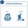 Marketing image showing two application examples: a house with flowers in a garden and a person digging on a construction site. Produktbild-Vorschau