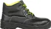 A single black work boot with yellow accents and green laces is shown against a white background. Produktbild-Vorschau