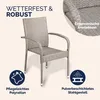 A single garden chair made of woven material with text overlays highlighting its features. Produktbild-Vorschau