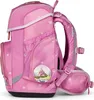 A pink backpack with white stars and a castle graphic, shown from the side. Voir les images du produit