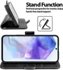 A black flip case for a smartphone is shown in two configurations: open and closed, with a phone inside. Text describes the stand function. Produktbild-Vorschau