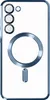A clear, studio shot of a transparent phone case with a blue metallic accent ring for MagSafe charging. Produktbild-Vorschau