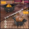 A split image showing a camping grill/fire pit in two configurations: one with flames and another with food being grilled. Produktbild-Vorschau