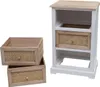 A white and natural wood bedside table with two rattan drawers, shown next to two separate rattan drawers. Anteprima dell’immagine prodotto